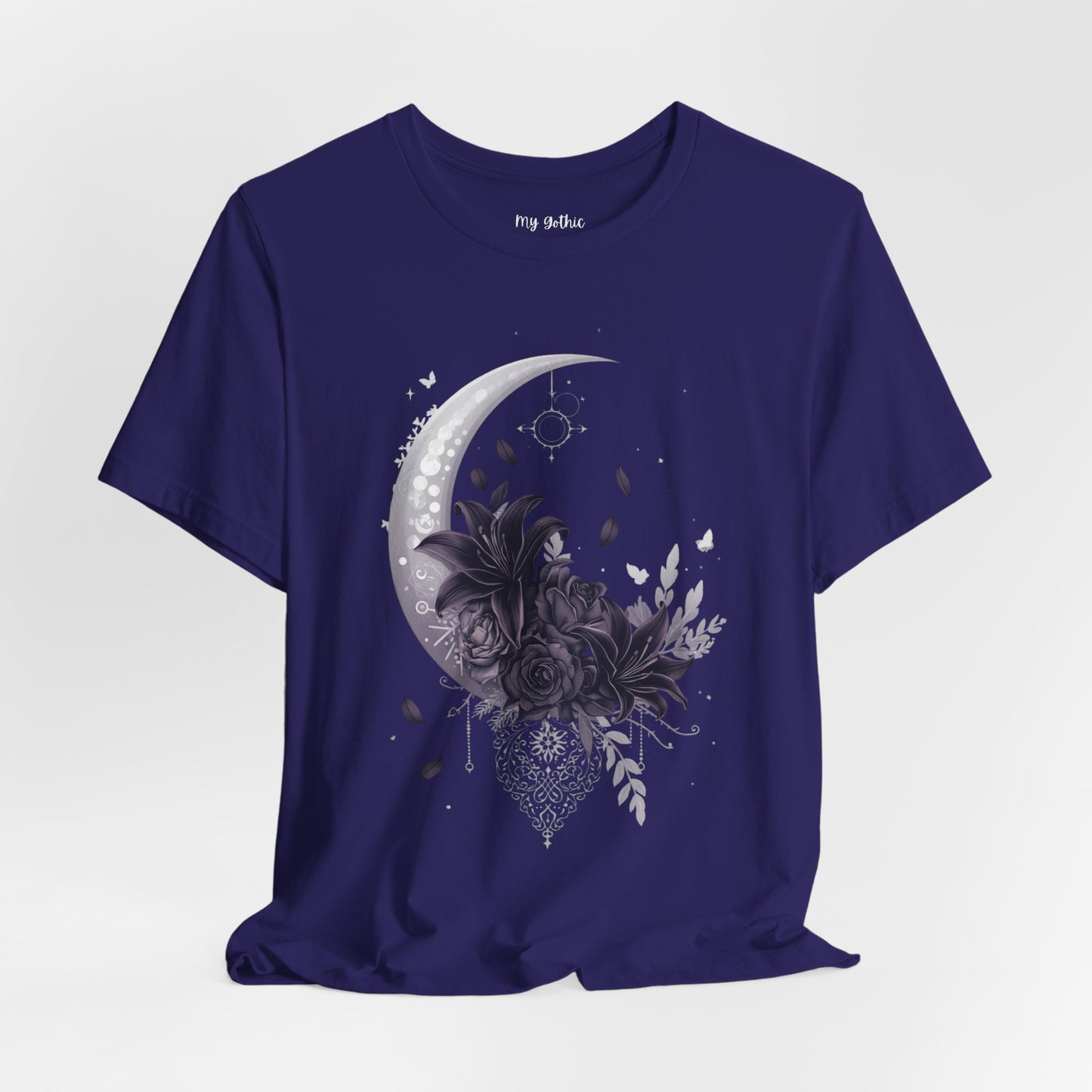 “Moonlit Bouquet & Sacred Soft Goth Symbol” Moonlit Bouquet Unisex Tee - Soft Goth Symbol Floral Design