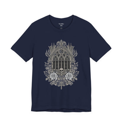Gothic Cathedral Floral Tee — Intricate Rose Window Graphic T-Shirt