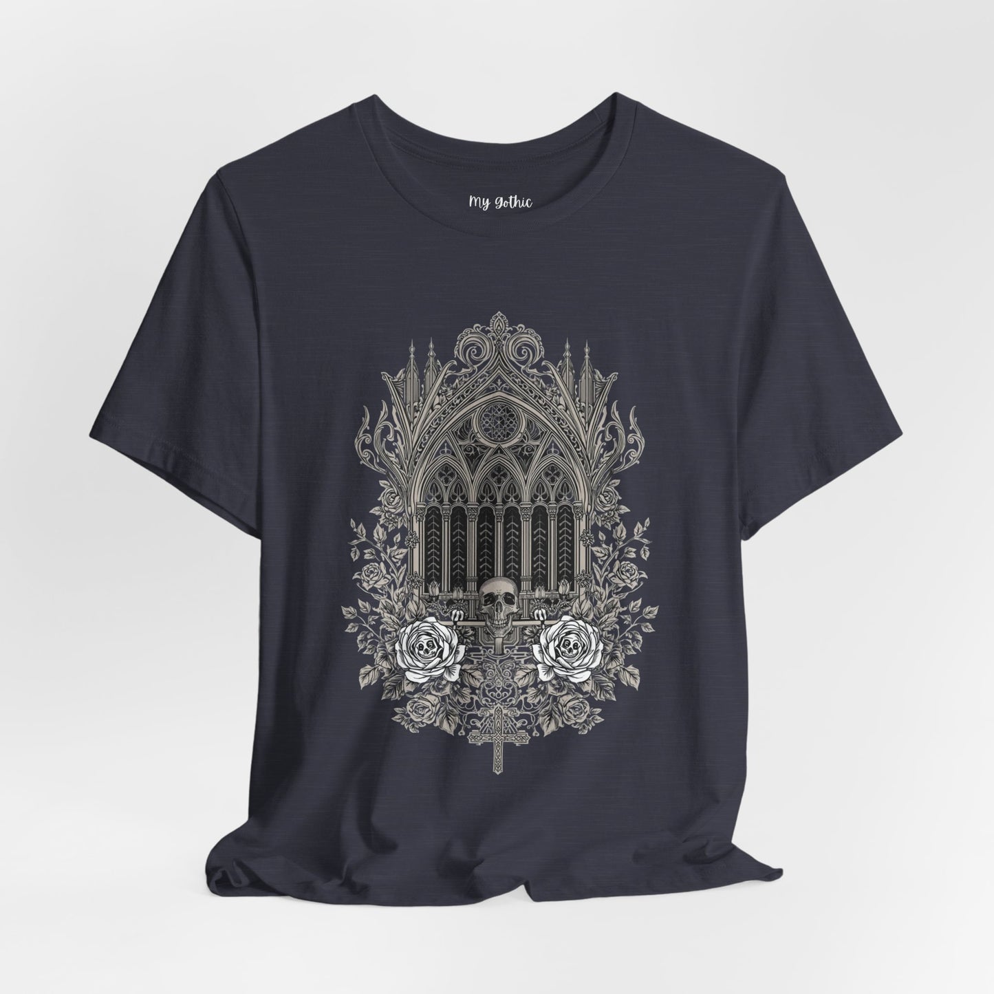 Gothic Cathedral Floral Tee — Intricate Rose Window Graphic T-Shirt