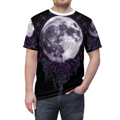 Purple Moon & Roses Tee — Gothic Floral Moonlight All-Over Print Shirt