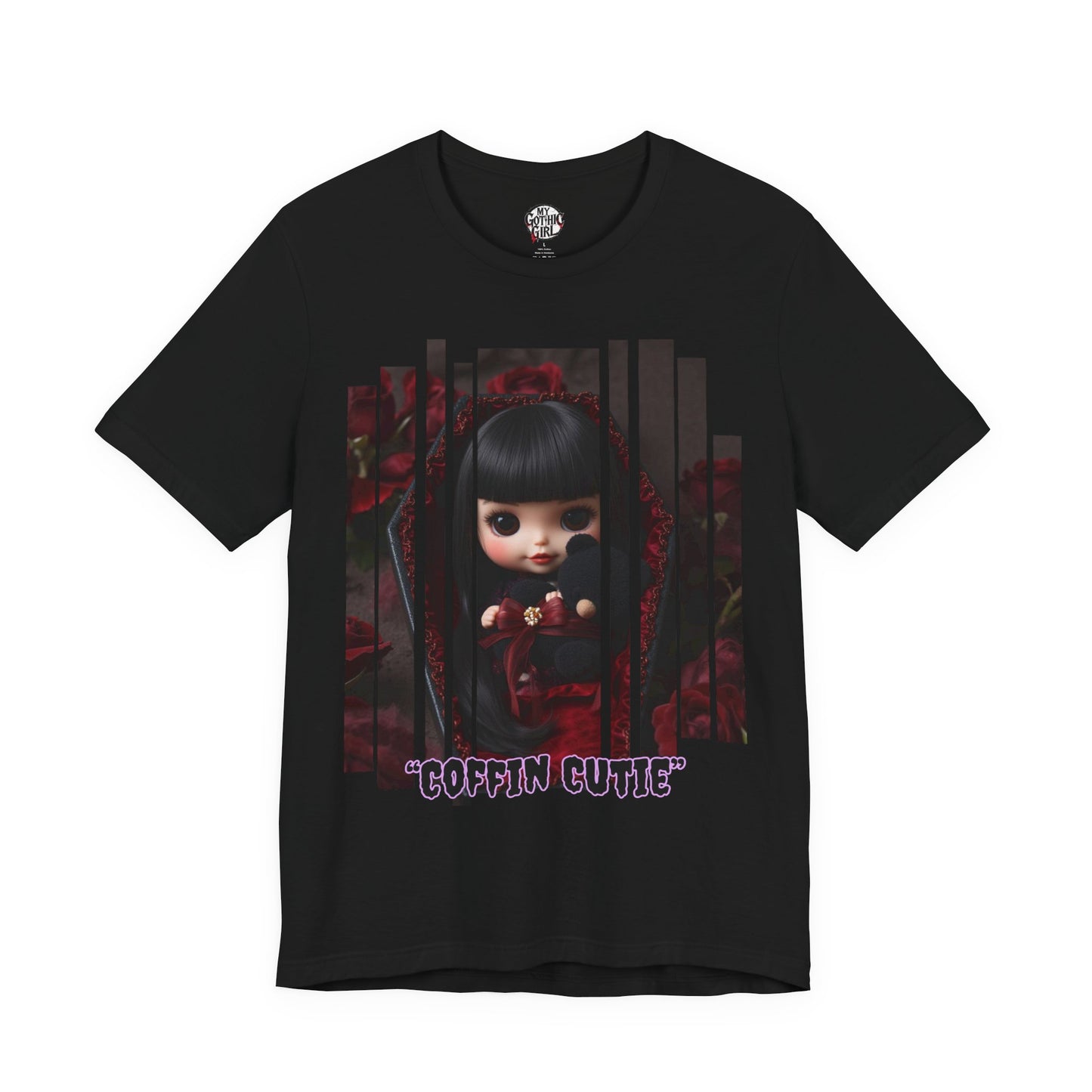 “Coffin Cutie” — cute Gothic doll peeking out from a small coffin Graphic T-Shirt – Alt Aesthetic Poetic Goth Street-wear