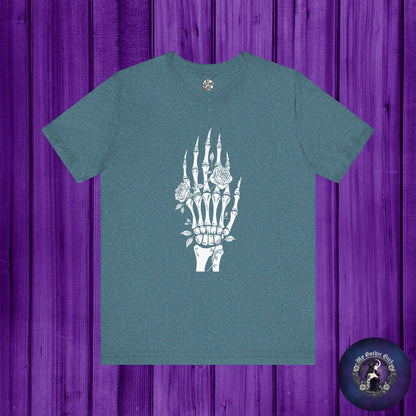 White Roses and Skeleton Hand  Gothic Graphic T-Shirt – Alt Aesthetic Poetic Goth Streetwear