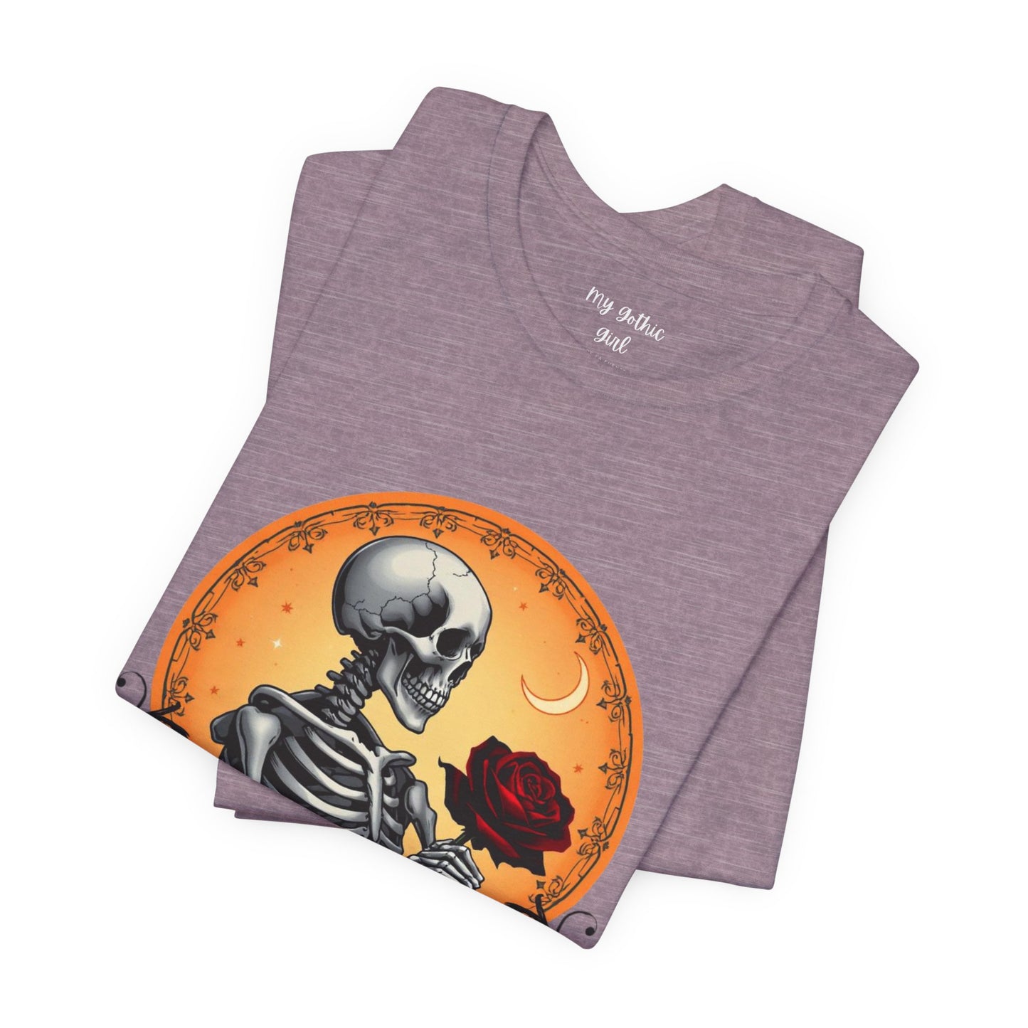 Mystical Gothic Skeleton and Black Rose Under Crescent Moon T-Shirt Design
