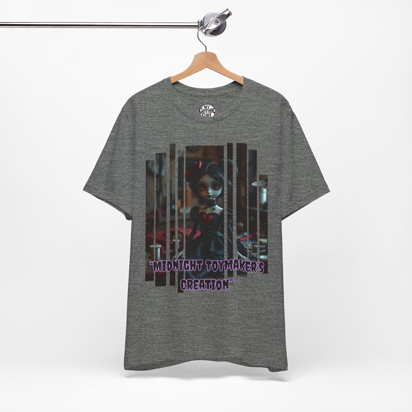 “Midnight Toy-maker's Creation” —hand-stitched Gothic doll Graphic T-Shirt – Alt Aesthetic Poetic Goth Street-wear