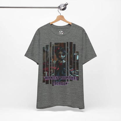 “Midnight Toy-maker's Creation” —hand-stitched Gothic doll Graphic T-Shirt – Alt Aesthetic Poetic Goth Street-wear