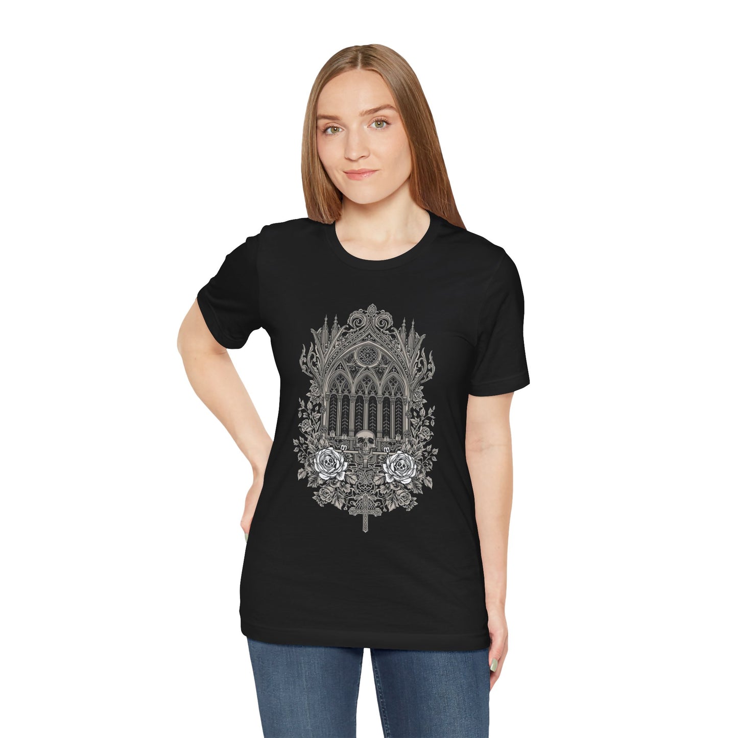 Gothic Cathedral Floral Tee — Intricate Rose Window Graphic T-Shirt