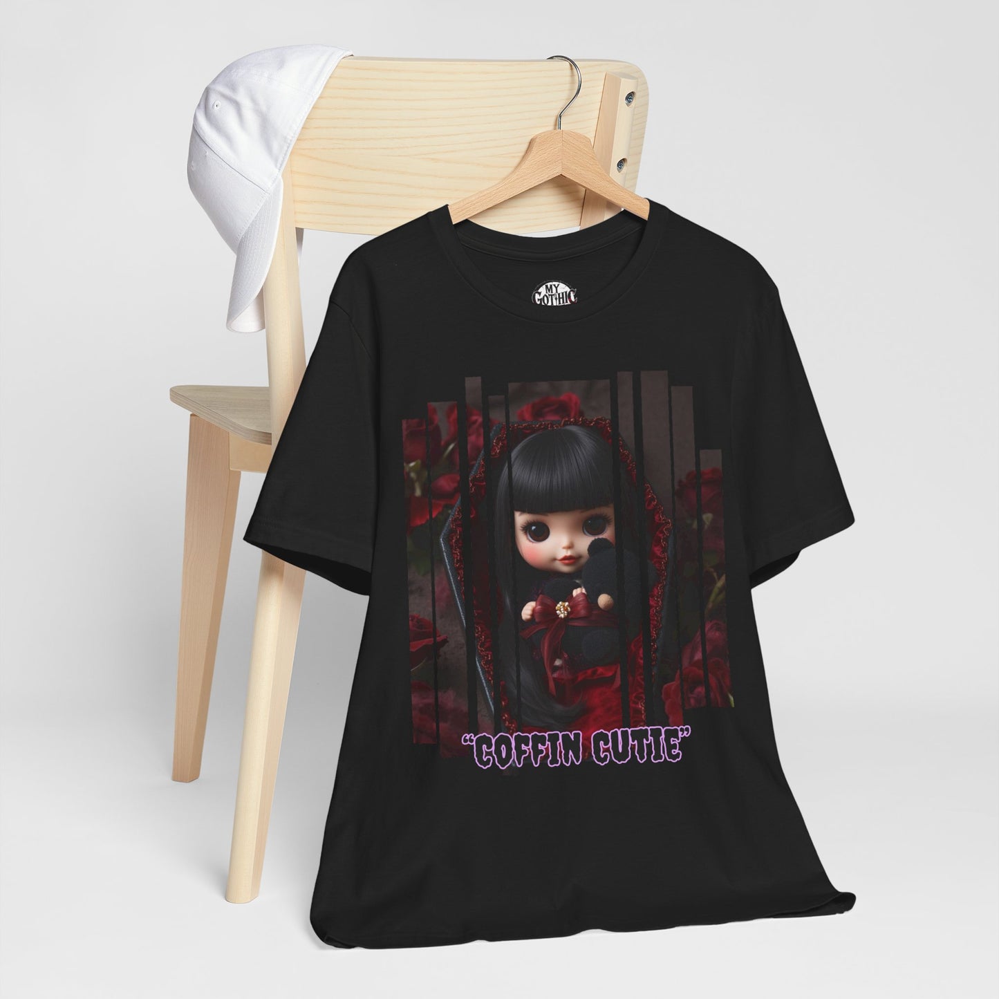 “Coffin Cutie” — cute Gothic doll peeking out from a small coffin Graphic T-Shirt – Alt Aesthetic Poetic Goth Street-wear