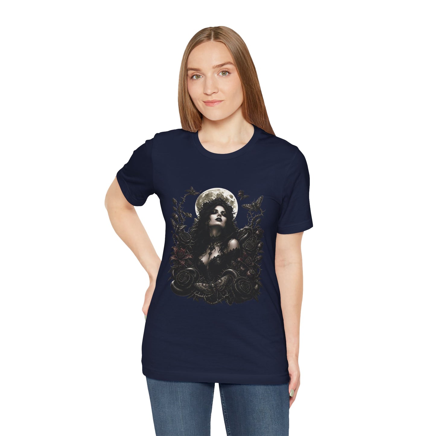 Gothic Moon Goddess Tee – Dark Floral Occult Graphic T-Shirt