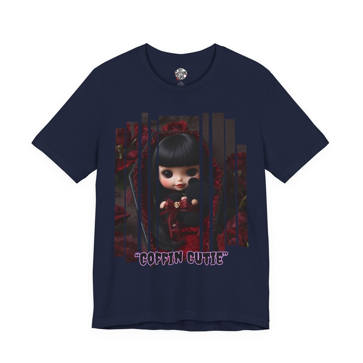 “Coffin Cutie” — cute Gothic doll peeking out from a small coffin Graphic T-Shirt – Alt Aesthetic Poetic Goth Street-wear