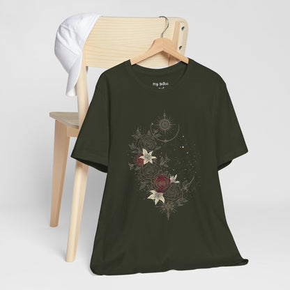 “Dark Floral Moon & Ornamental Geometry” T-Shirt Dark Floral Moon Ornamental Geometry Unisex Jersey Short Sleeve Tee