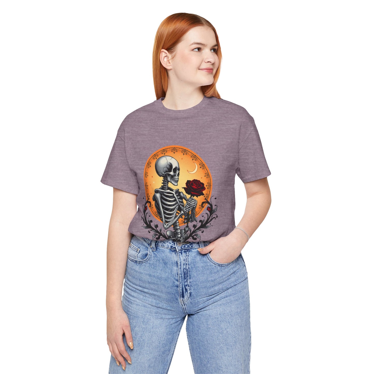 Mystical Gothic Skeleton and Black Rose Under Crescent Moon T-Shirt Design