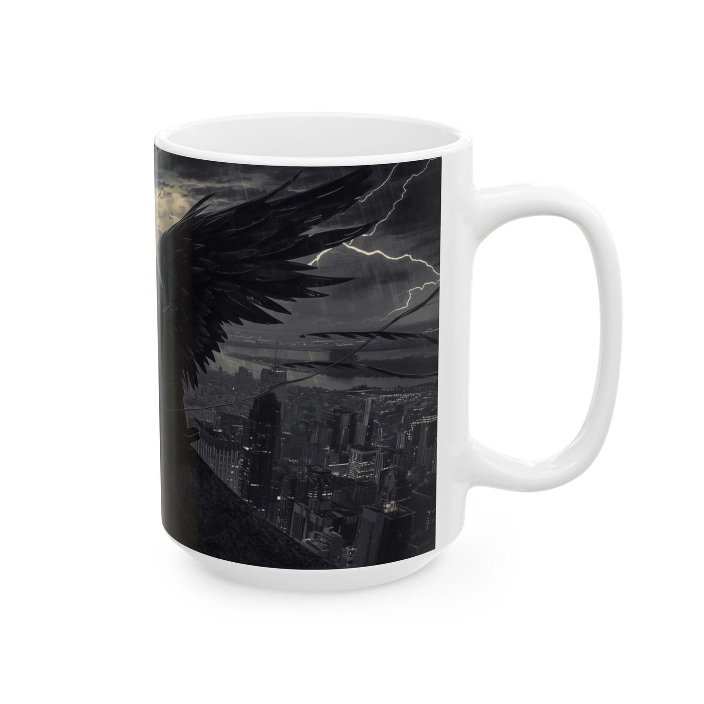 Gothic Angel Ceramic Mug — Moody Cityscape Memorial Coffee Cup (11oz/15oz)