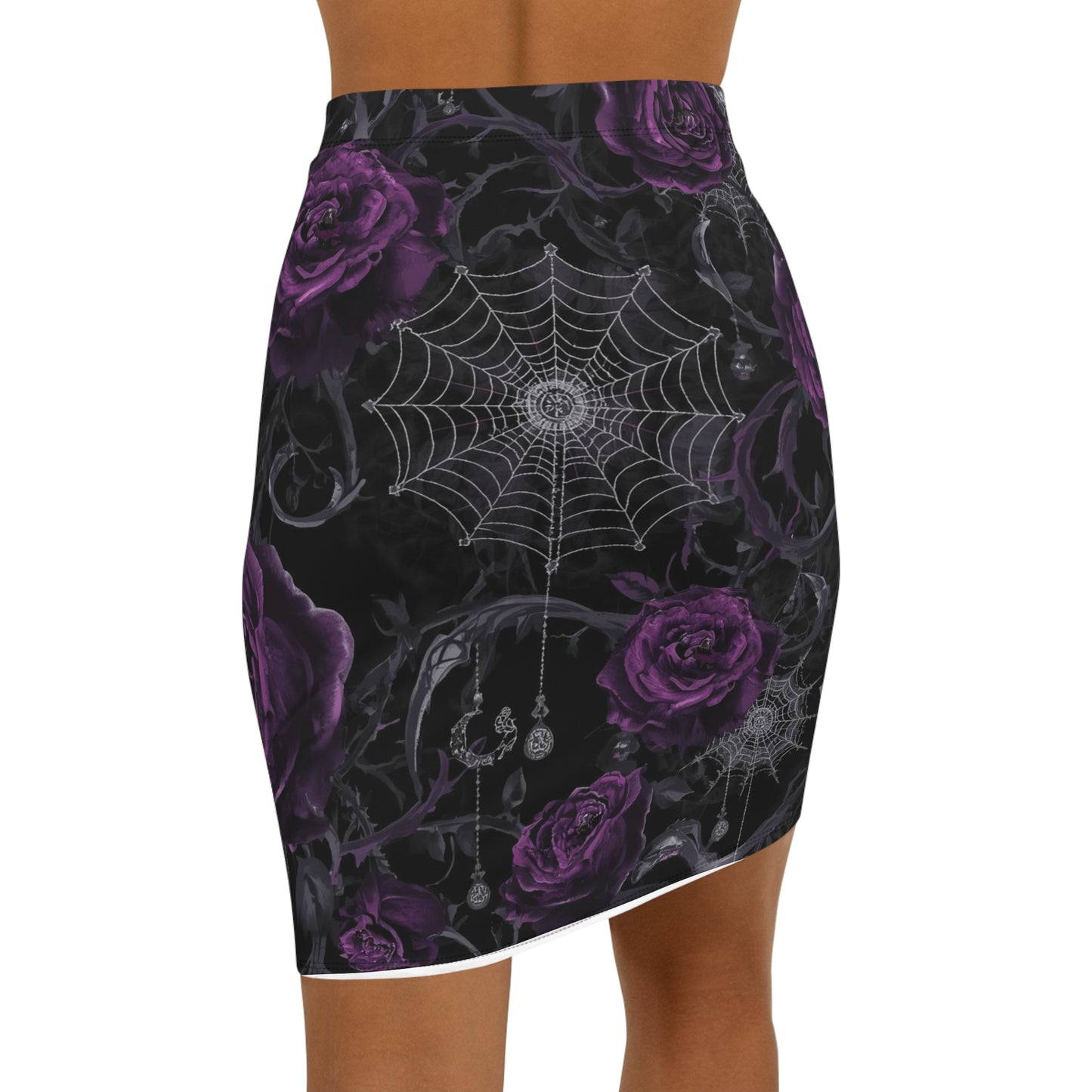 Purple Rose & Spiderweb Gothic Pencil Skirt — Women's Mid‑Waist Floral Print