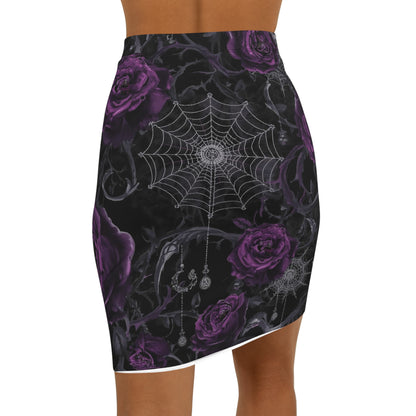 Purple Rose & Spiderweb Gothic Pencil Skirt — Women's Mid‑Waist Floral Print