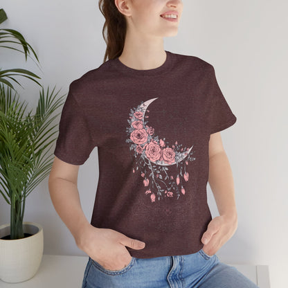 Celestial Goth Crescent Moon Tee with Dripping Florals – Mystic Graphic Art