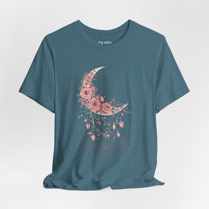 Celestial Goth Crescent Moon Tee with Dripping Florals – Mystic Graphic Art
