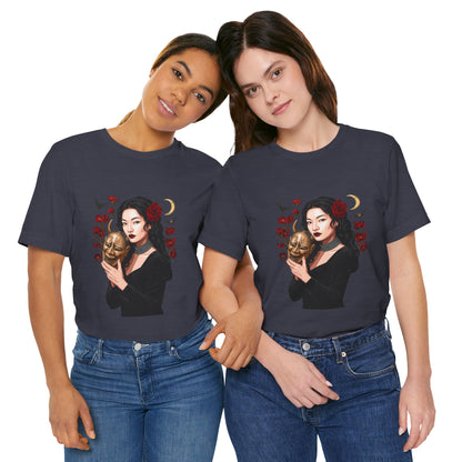 Gothic Rose Maiden Tee — Woman with Mask & Crescent Moon Graphic T-Shirt