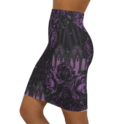 Gothic Purple Rose Pencil Skirt — Mid‑Waist Floral Gothic Bodycon