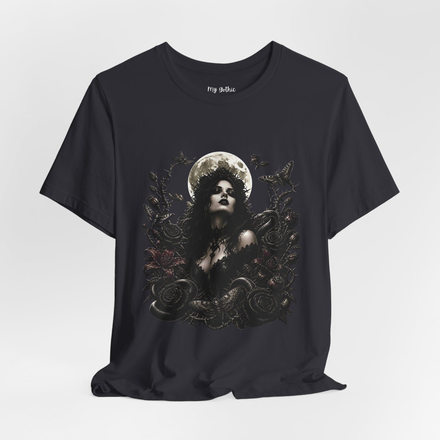 Gothic Moon Goddess Tee – Dark Floral Occult Graphic T-Shirt