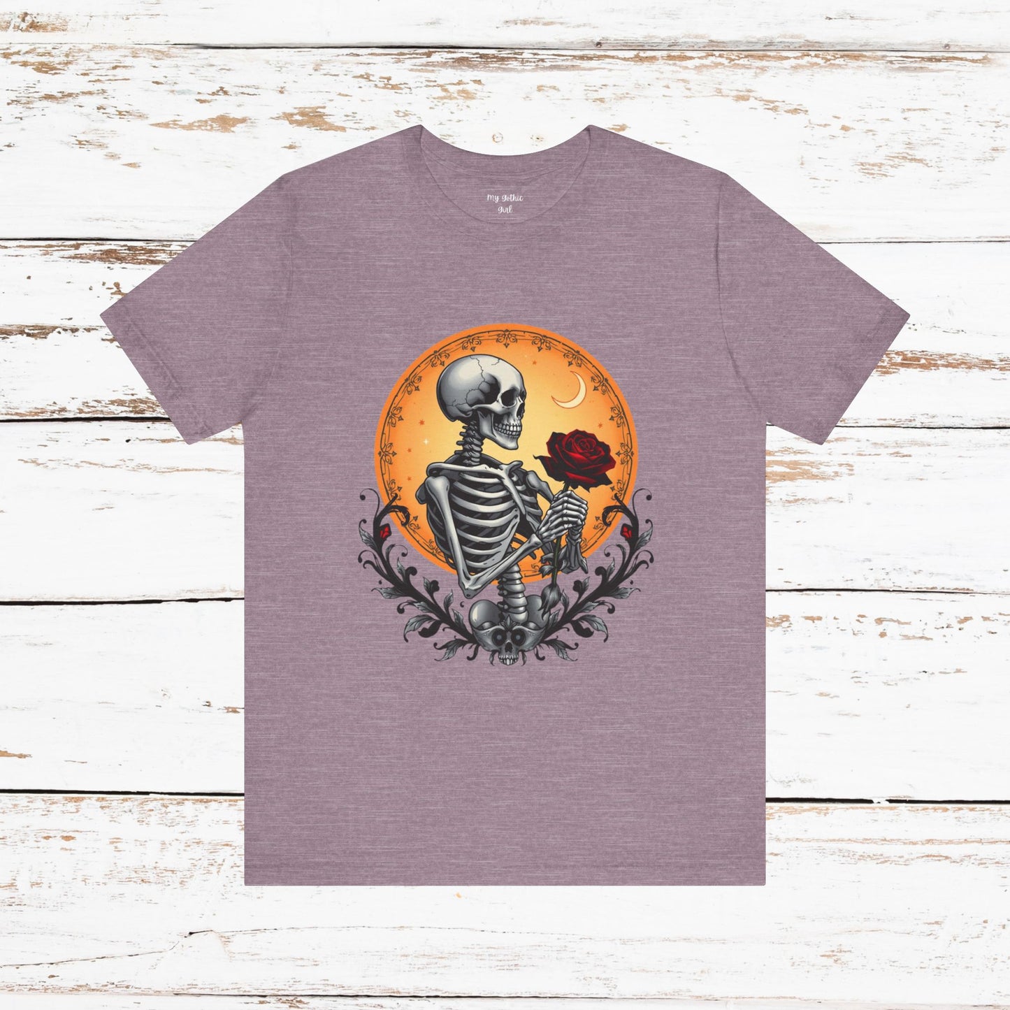 Mystical Gothic Skeleton and Black Rose Under Crescent Moon T-Shirt Design