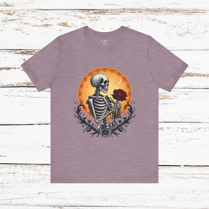 Mystical Gothic Skeleton and Black Rose Under Crescent Moon T-Shirt Design