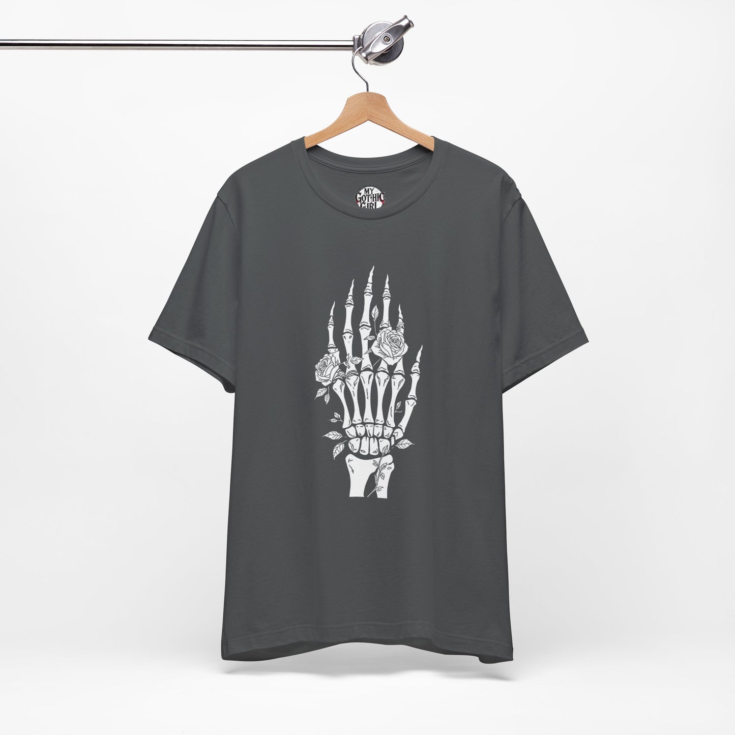 White Roses and Skeleton Hand  Gothic Graphic T-Shirt – Alt Aesthetic Poetic Goth Streetwear