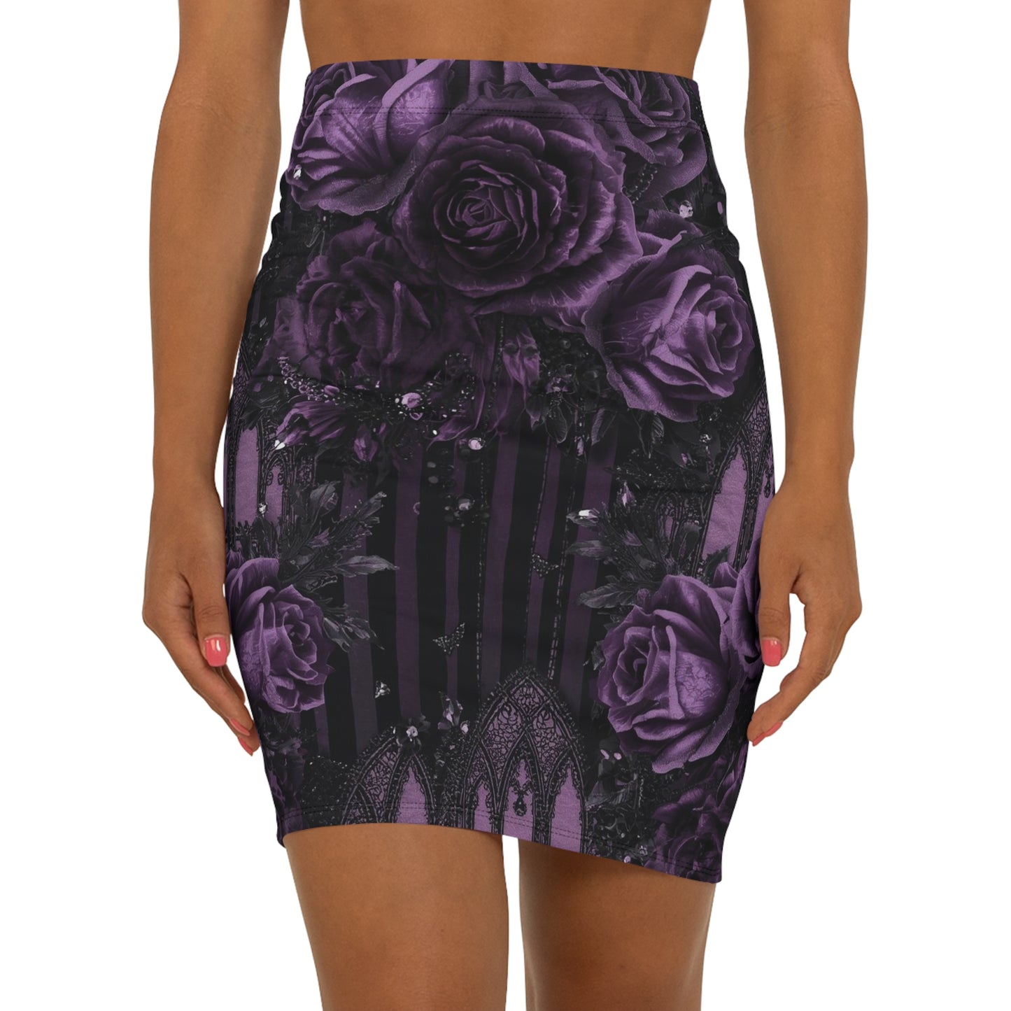 Gothic Purple Rose Pencil Skirt — Mid‑Waist Floral Gothic Bodycon