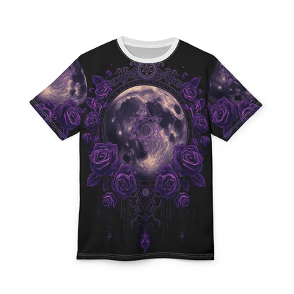 Purple Moon & Roses Tee — Gothic Floral Moonlight All-Over Print Shirt