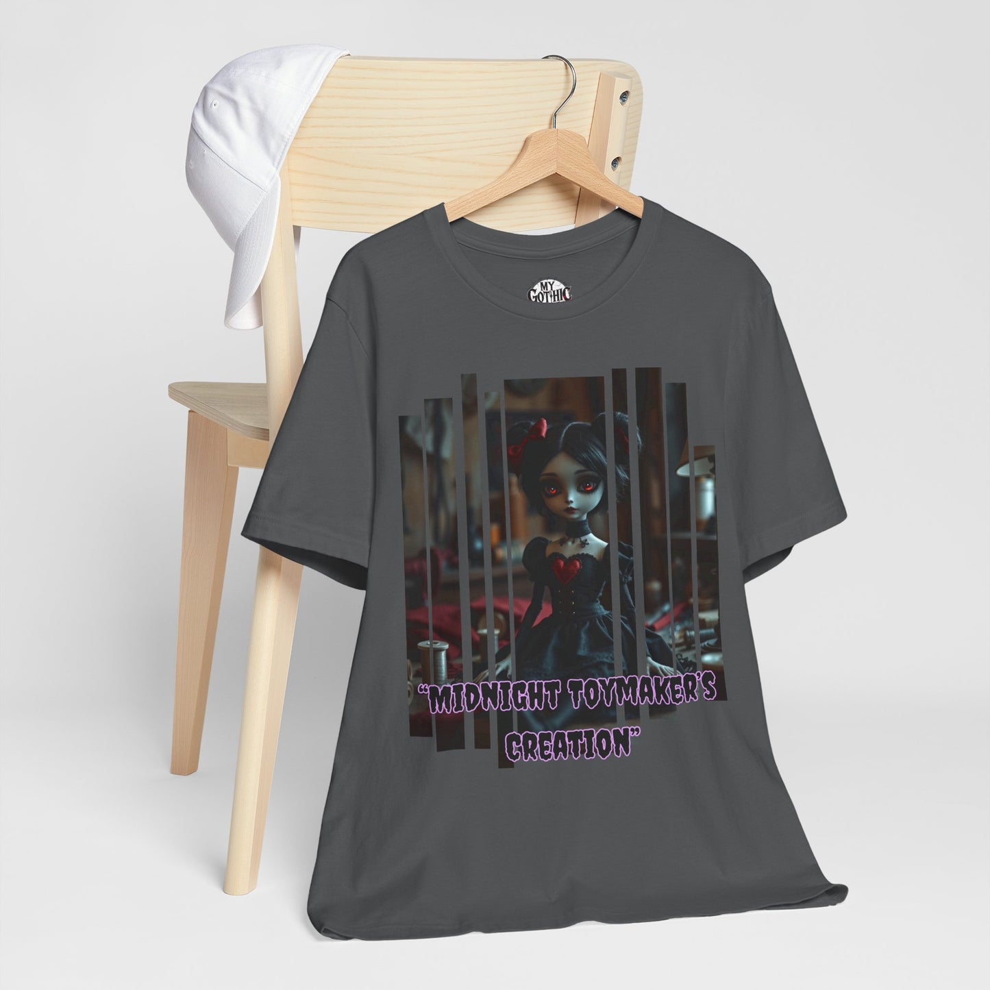 “Midnight Toy-maker's Creation” —hand-stitched Gothic doll Graphic T-Shirt – Alt Aesthetic Poetic Goth Street-wear