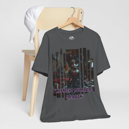 “Midnight Toy-maker's Creation” —hand-stitched Gothic doll Graphic T-Shirt – Alt Aesthetic Poetic Goth Street-wear