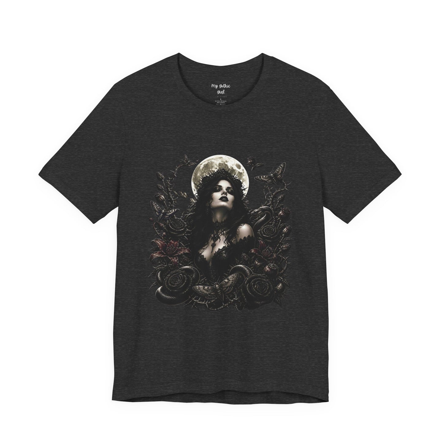 Gothic Moon Goddess Tee – Dark Floral Occult Graphic T-Shirt