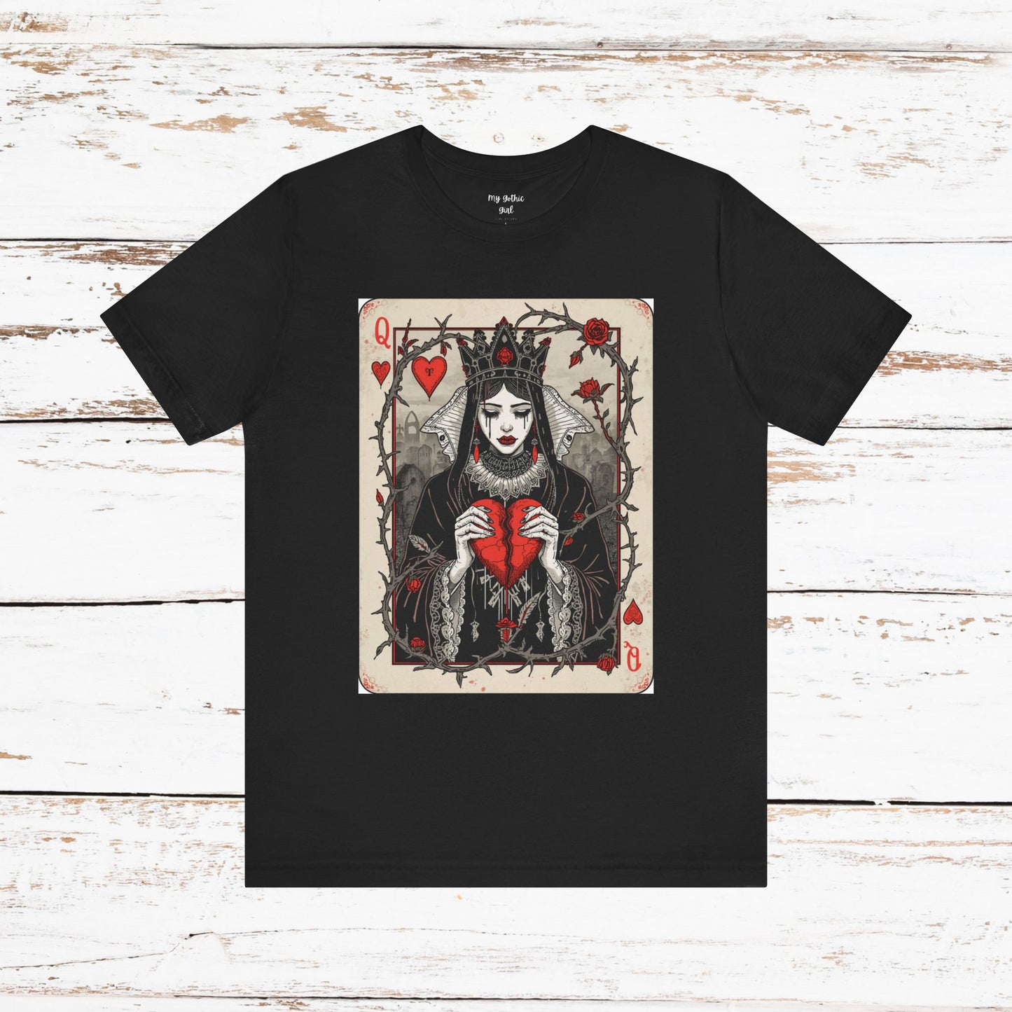 Queen of Hearts Playing Card T-Shirt — Gothic Rose Broken Heart Graphic Tee