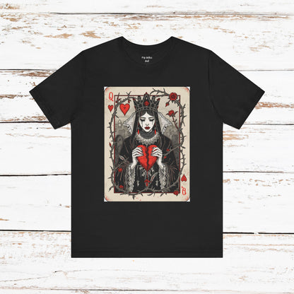 Queen of Hearts Playing Card T-Shirt — Gothic Rose Broken Heart Graphic Tee