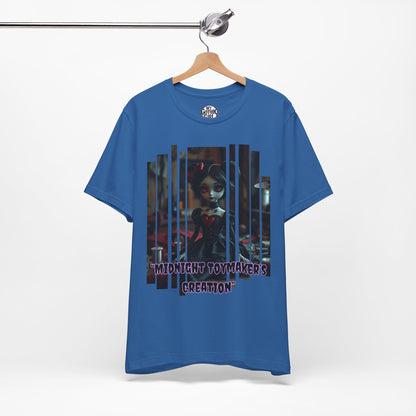“Midnight Toy-maker's Creation” —hand-stitched Gothic doll Graphic T-Shirt – Alt Aesthetic Poetic Goth Street-wear
