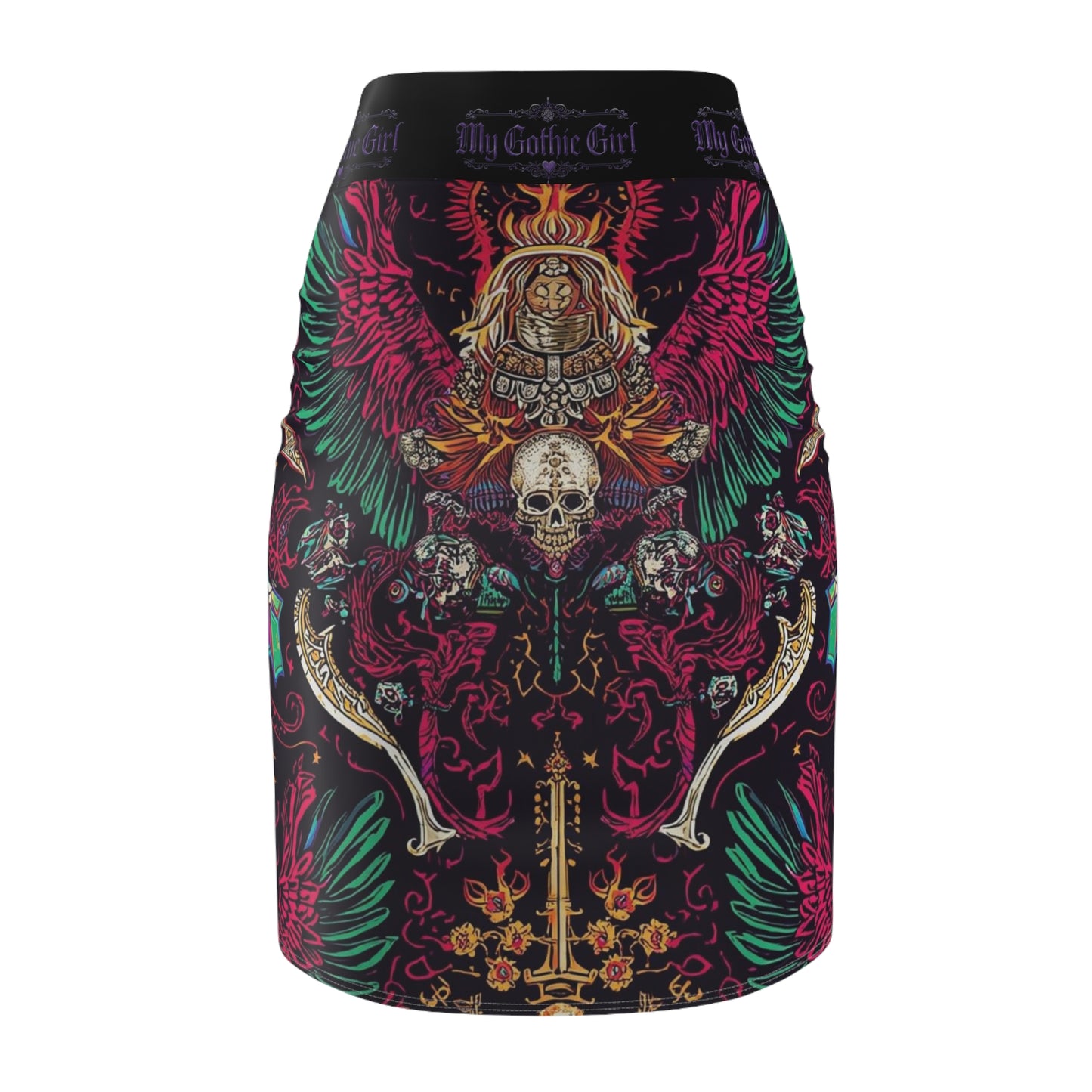 Gothic Skull Winged Crest Pencil Skirt – 'My Gothic Girl' AOP