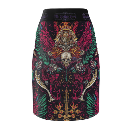 Gothic Skull Winged Crest Pencil Skirt – 'My Gothic Girl' AOP