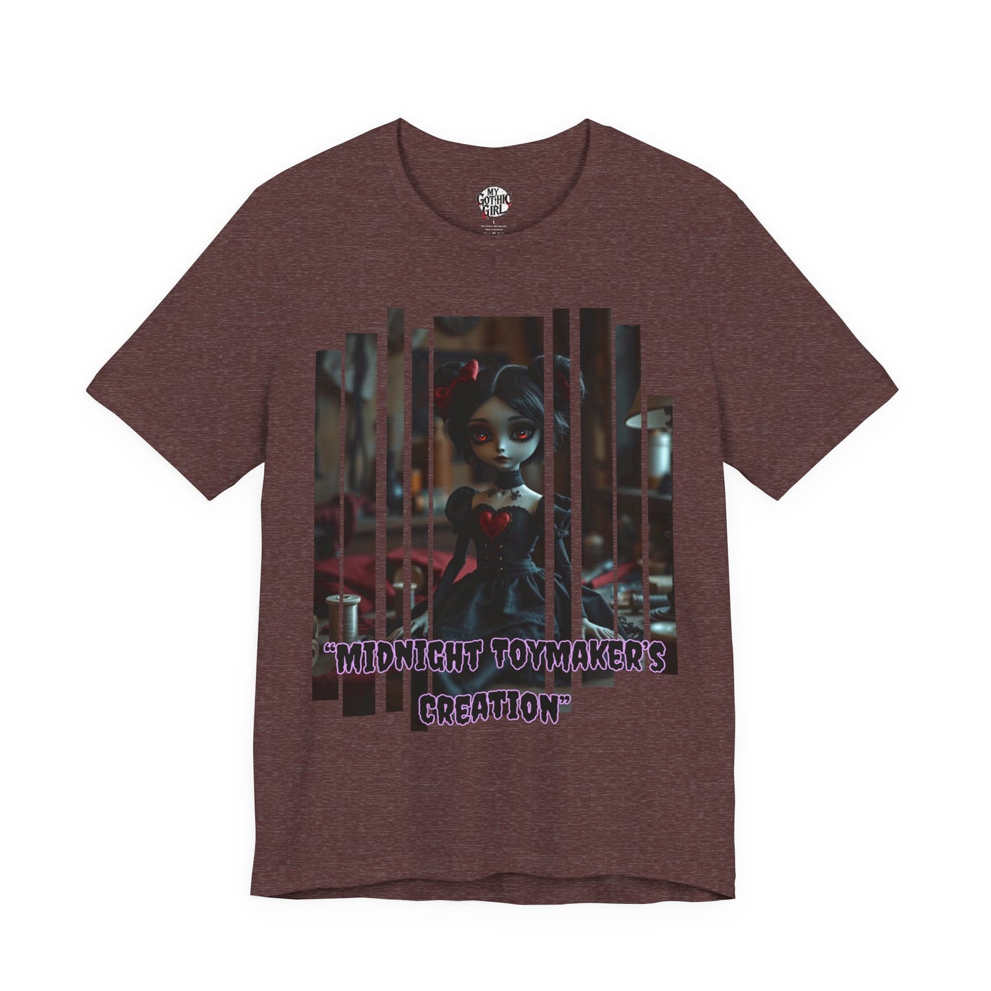 “Midnight Toy-maker's Creation” —hand-stitched Gothic doll Graphic T-Shirt – Alt Aesthetic Poetic Goth Street-wear
