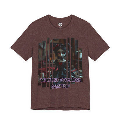 “Midnight Toy-maker's Creation” —hand-stitched Gothic doll Graphic T-Shirt – Alt Aesthetic Poetic Goth Street-wear