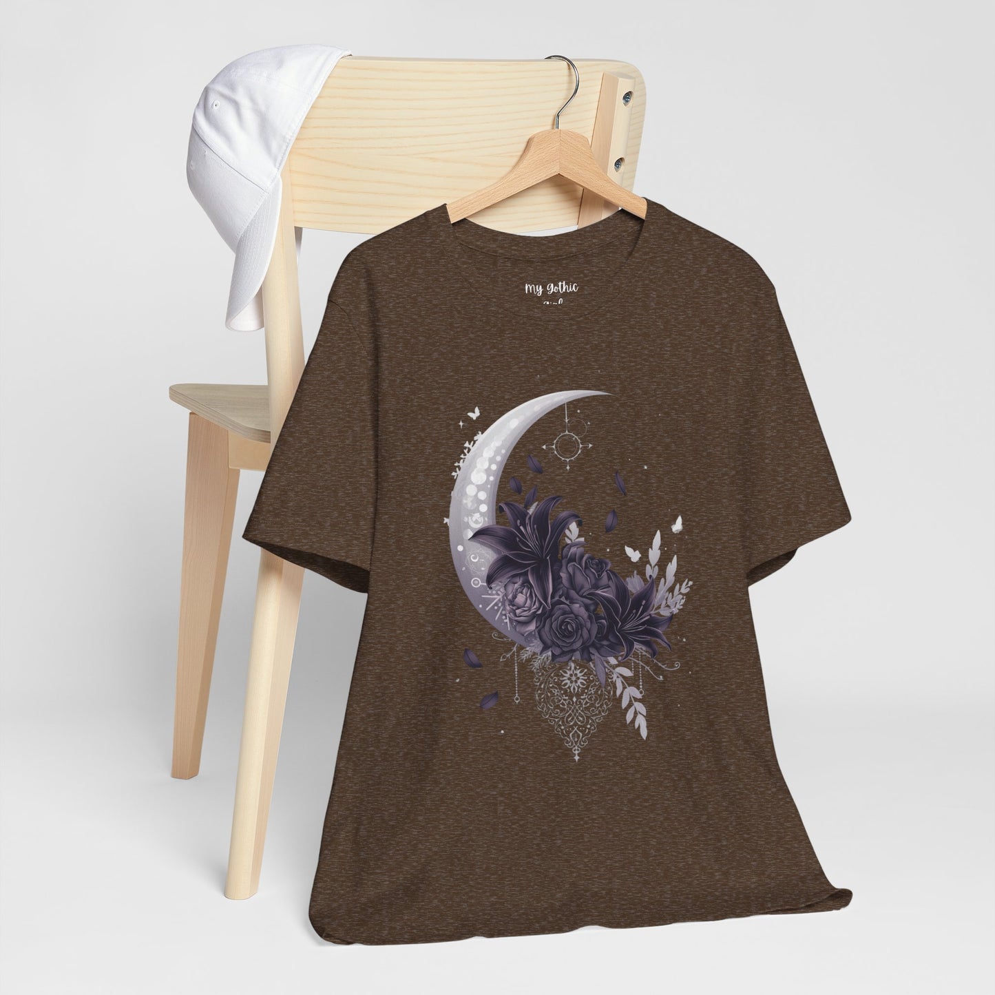 “Moonlit Bouquet & Sacred Soft Goth Symbol” Moonlit Bouquet Unisex Tee - Soft Goth Symbol Floral Design
