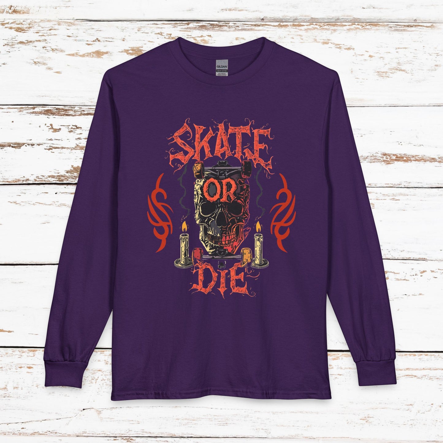 Skate or Die Long Sleeve Shirt — Gothic Skull Skateboard Tee