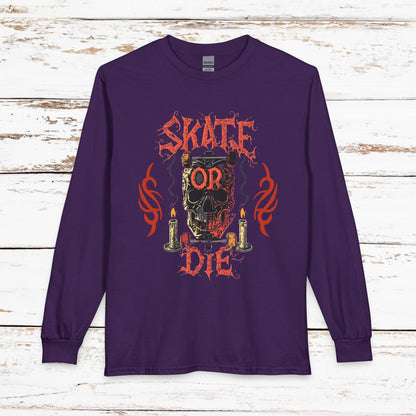 Skate or Die Long Sleeve Shirt — Gothic Skull Skateboard Tee