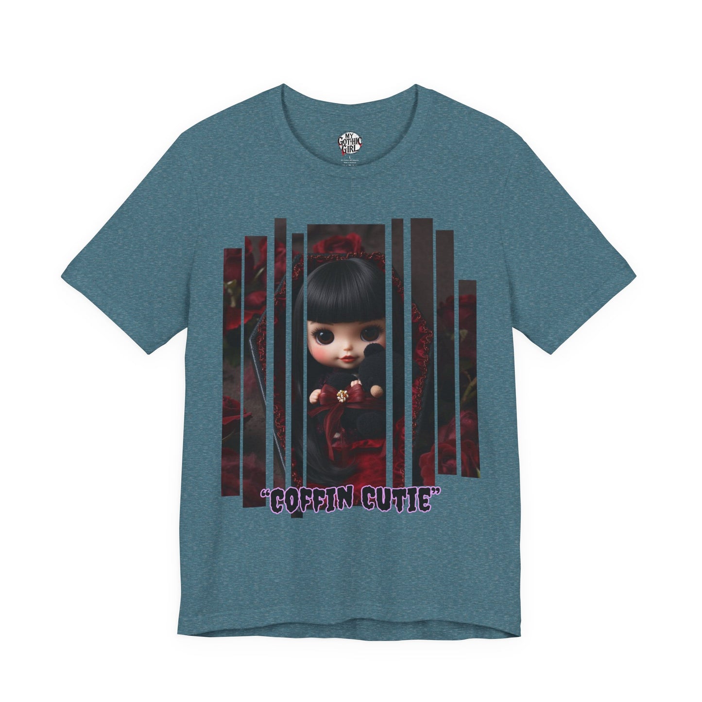 “Coffin Cutie” — cute Gothic doll peeking out from a small coffin Graphic T-Shirt – Alt Aesthetic Poetic Goth Street-wear