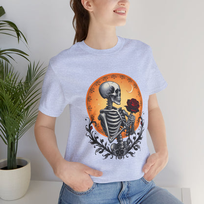 Mystical Gothic Skeleton and Black Rose Under Crescent Moon T-Shirt Design