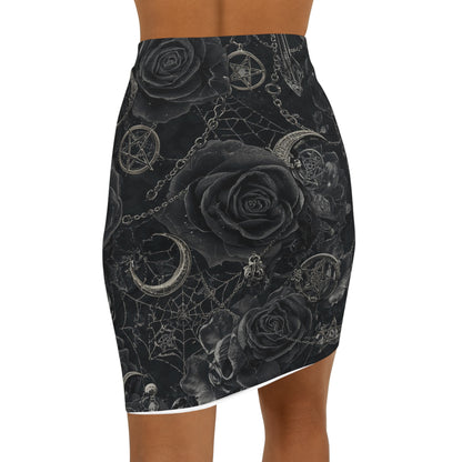 Gothic Rose & Pentagram Pencil Skirt — Black Moon Floral Midi