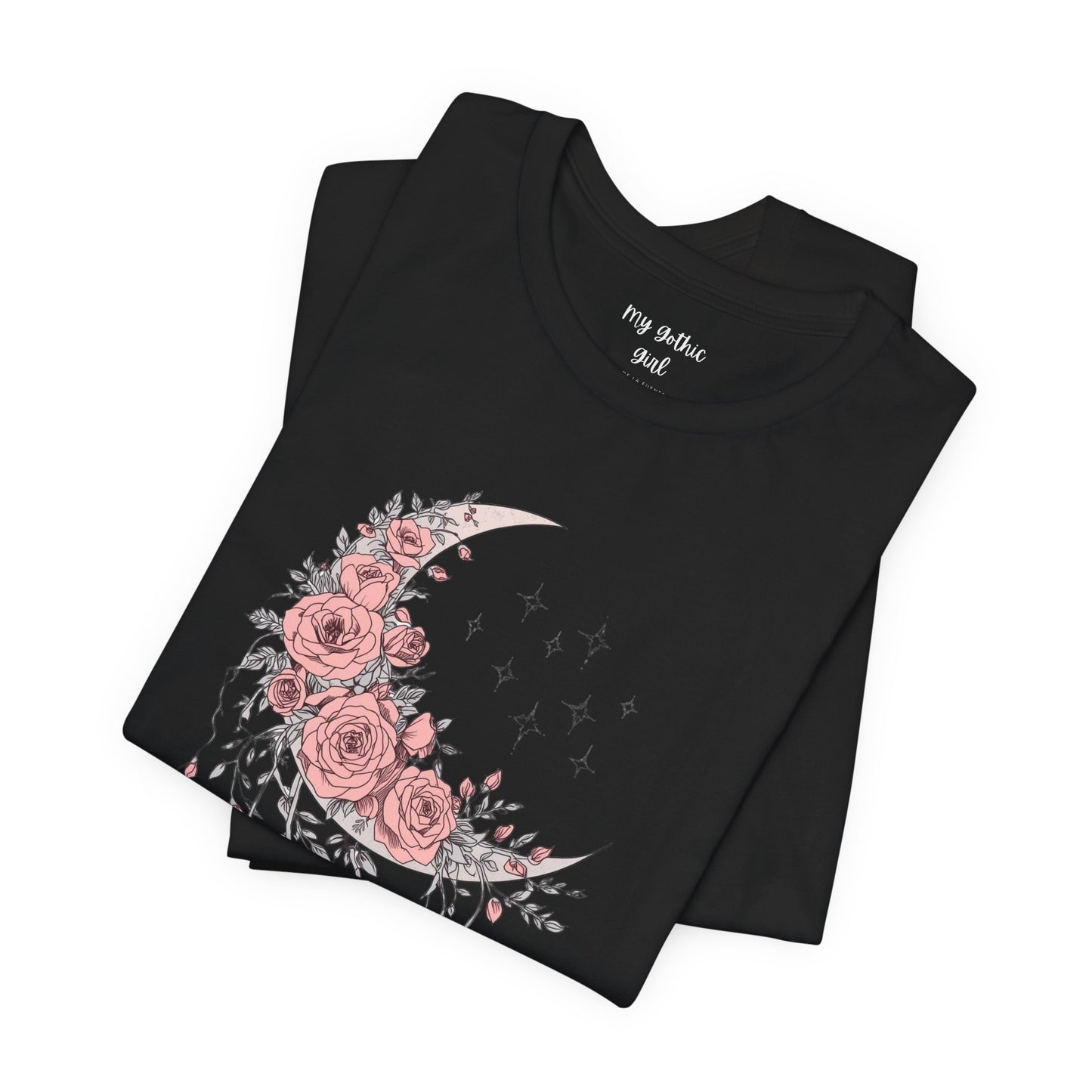 Celestial Goth Crescent Moon Tee with Dripping Florals – Mystic Graphic Art