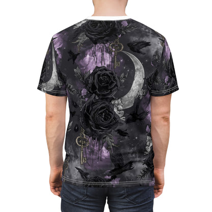 Gothic Moon & Roses Tee — Dark Floral Crescent Moon Keys All-Over Print