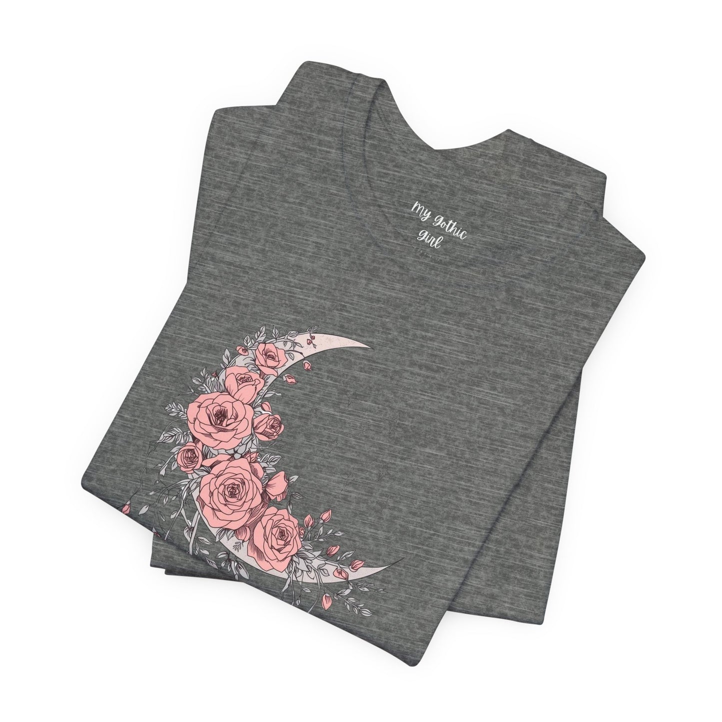 Celestial Goth Crescent Moon Tee with Dripping Florals – Mystic Graphic Art