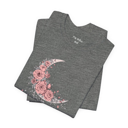 Celestial Goth Crescent Moon Tee with Dripping Florals – Mystic Graphic Art