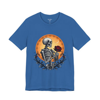 Mystical Gothic Skeleton and Black Rose Under Crescent Moon T-Shirt Design