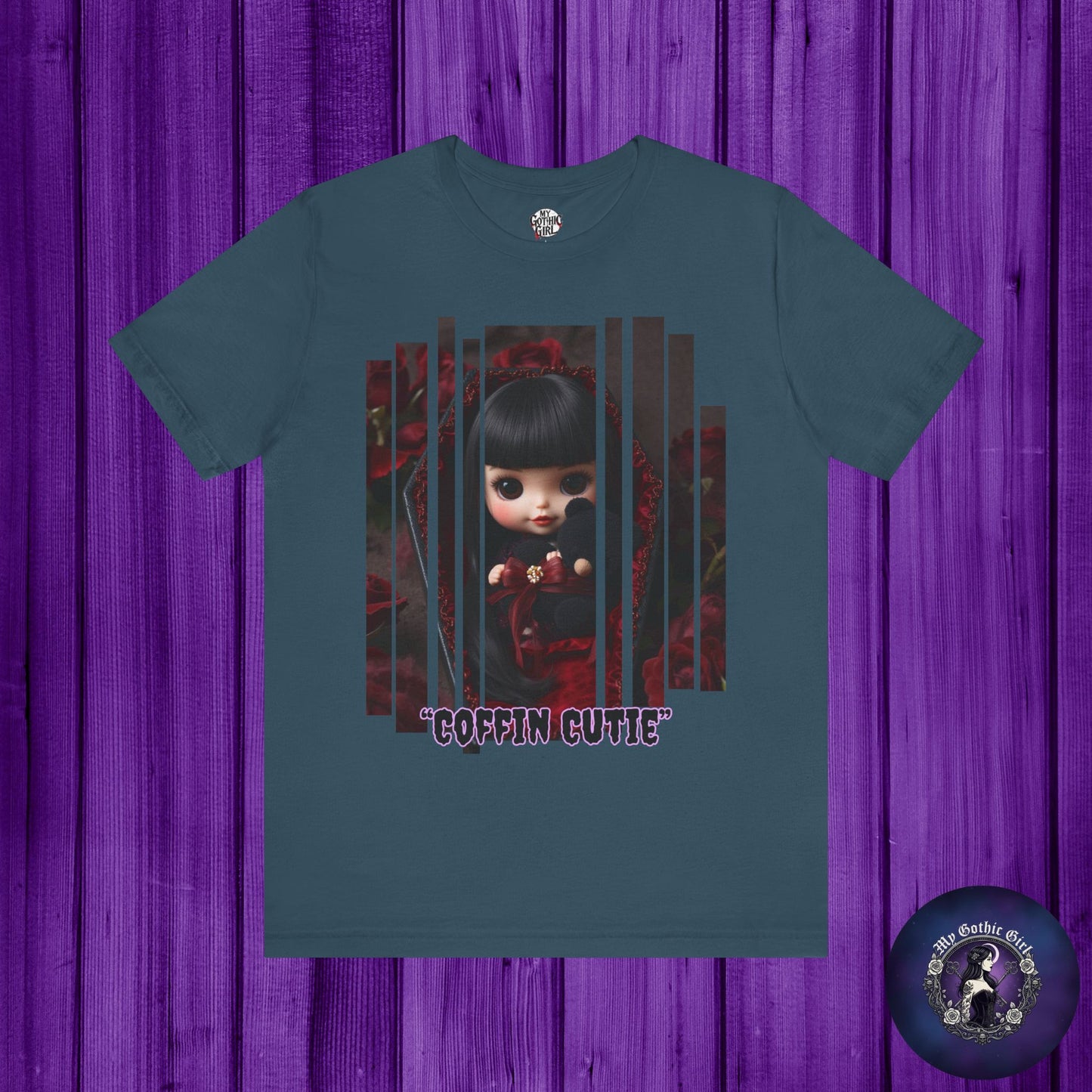 “Coffin Cutie” — cute Gothic doll peeking out from a small coffin Graphic T-Shirt – Alt Aesthetic Poetic Goth Street-wear